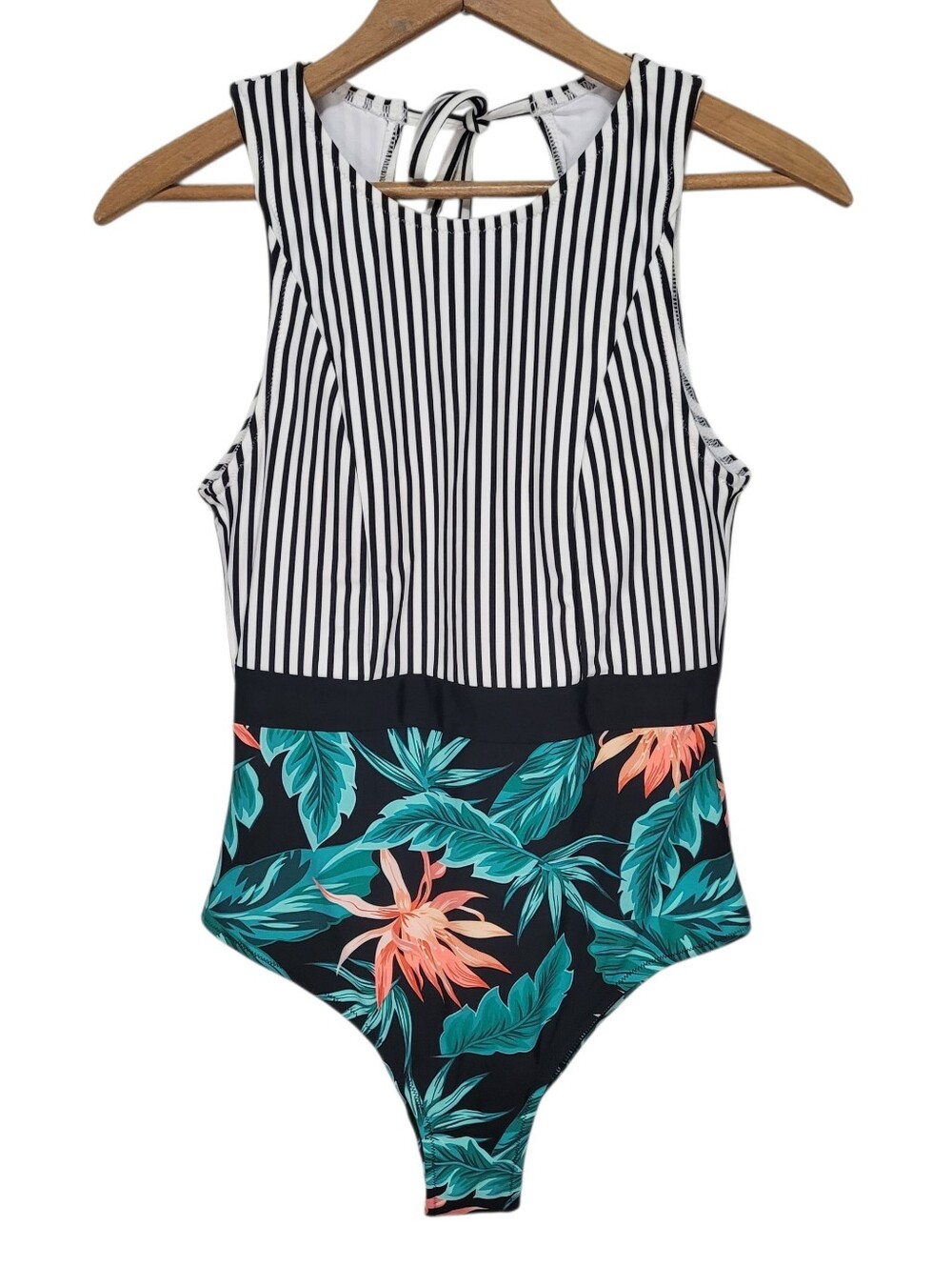 NWT Women Cupshe One Piece Swimsuit Black White Stripes Floral Green Size Large